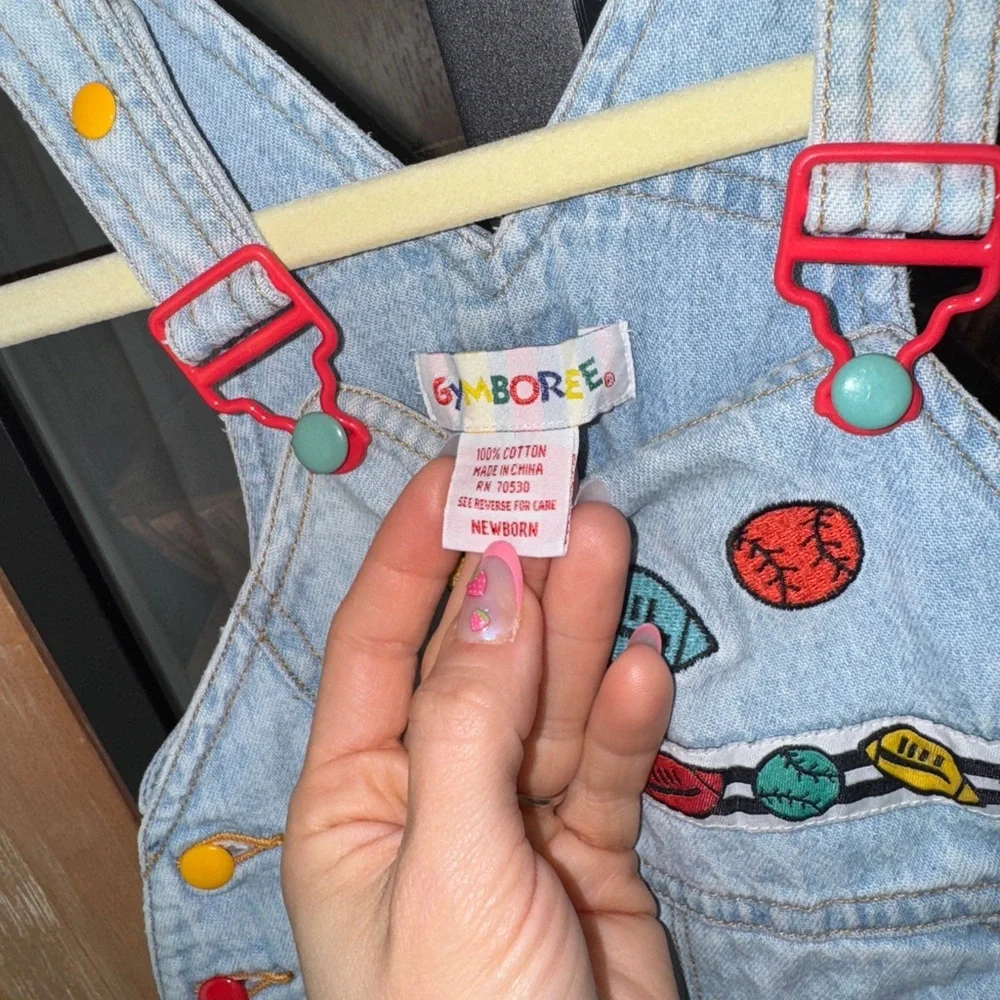 Vintage 90s Gymboree overalls denim embroidered football baseball colorful baby